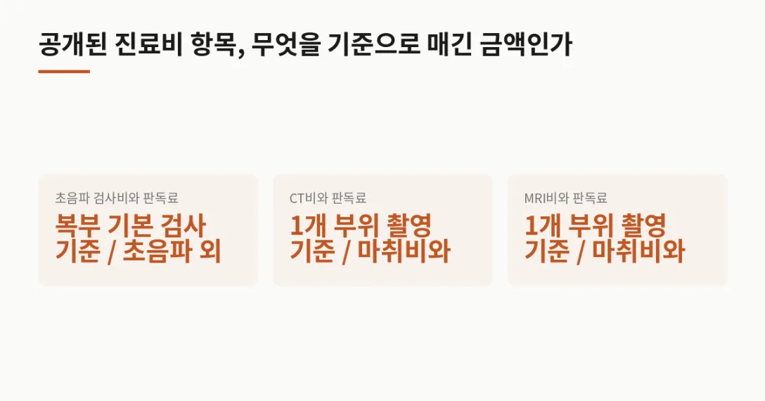 항목 고시가 정한 기준 · 초음파 검사비와 판독료 복부 기본 검사 기준 / 초음파 외 처치 비용 등은 별도 · CT비와 판독료 1개 부위 촬영 기준 / 마취비와 마취 전 검사 비용 등은 별